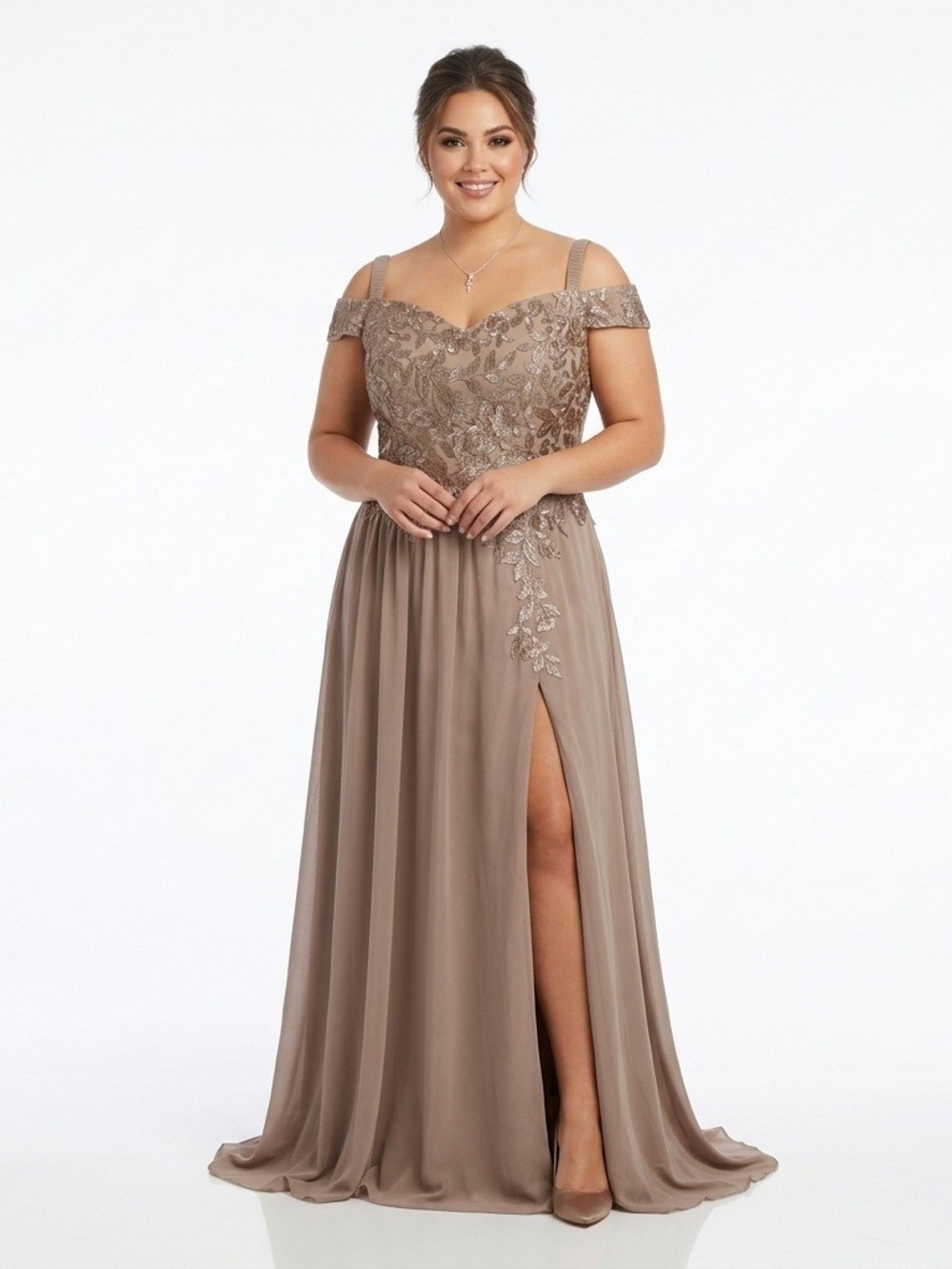 Embroidered Off-Shoulder Taupe Evening Dress